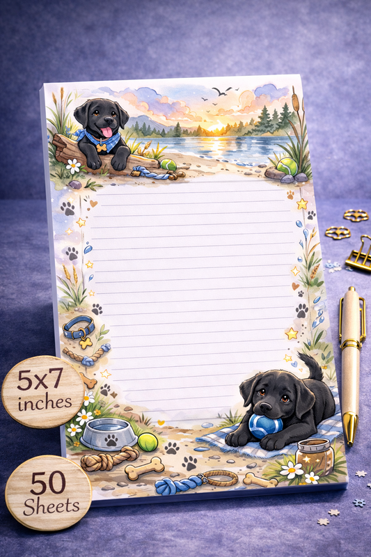 Cute black Labrador puppy themed 5x7 lined notepad with dog design, paw prints, outdoor scene, 50 sheets, handmade stationery
