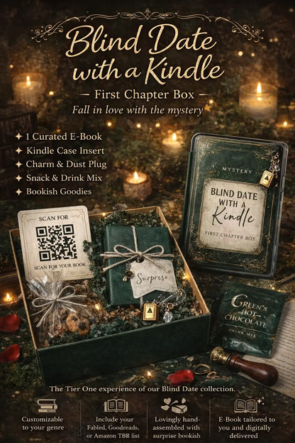 Blind Date With a Kindle First Chapter Box in rich hunter green featuring a mystery Kindle case insert, QR code for curated ebook, charm, snack, drink mix, and bookish goodies
