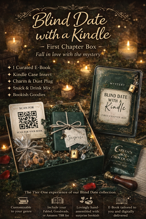 Blind Date With a Kindle First Chapter Box in rich hunter green featuring a mystery Kindle case insert, QR code for curated ebook, charm, snack, drink mix, and bookish goodies
