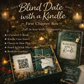 Square product image of Blind Date With a Kindle First Chapter Box showing curated bookish accessories, Kindle case insert, charm, snack, drink mix, and QR code ebook delivery
