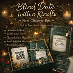 Square product image of Blind Date With a Kindle First Chapter Box showing curated bookish accessories, Kindle case insert, charm, snack, drink mix, and QR code ebook delivery
