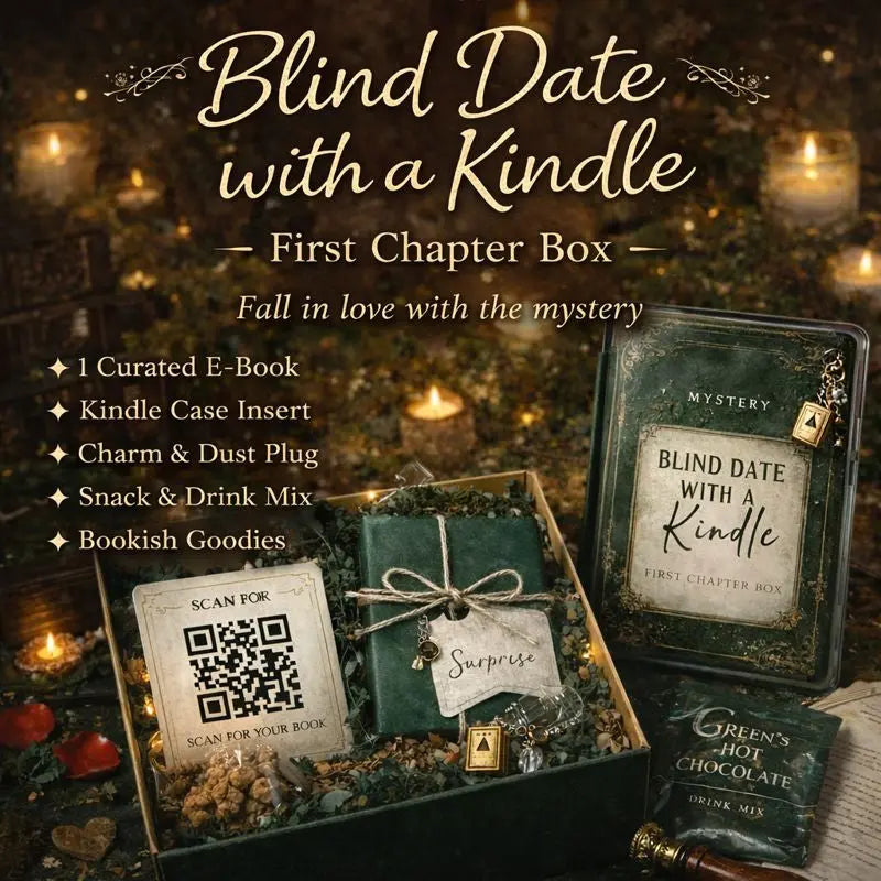 Square product image of Blind Date With a Kindle First Chapter Box showing curated bookish accessories, Kindle case insert, charm, snack, drink mix, and QR code ebook delivery
