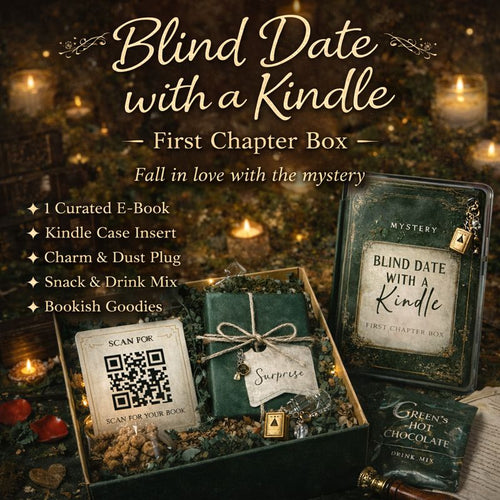 Square product image of Blind Date With a Kindle First Chapter Box showing curated bookish accessories, Kindle case insert, charm, snack, drink mix, and QR code ebook delivery
