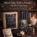 Square image of Blind Date With a Kindle Plot Twist Box tier two ACOTAR inspired bookish mystery box featuring Kindle insert, candle, charms, cozy accessories and fantasy romance aesthetic

