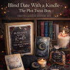 Square image of Blind Date With a Kindle Plot Twist Box tier two ACOTAR inspired bookish mystery box featuring Kindle insert, candle, charms, cozy accessories and fantasy romance aesthetic
