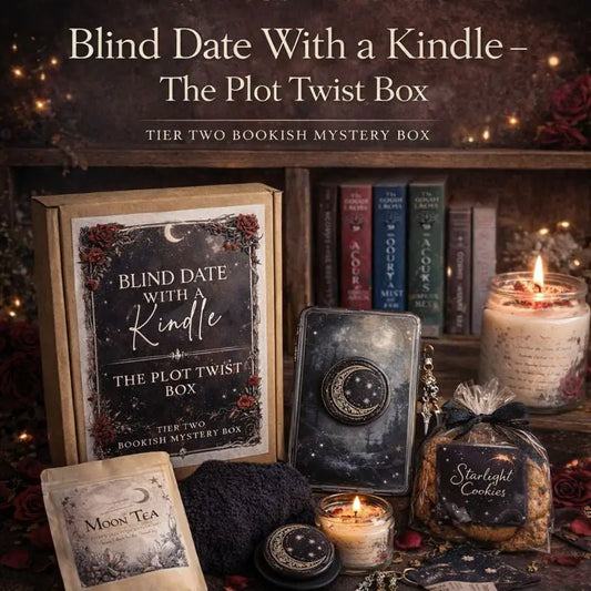 Square image of Blind Date With a Kindle Plot Twist Box tier two ACOTAR inspired bookish mystery box featuring Kindle insert, candle, charms, cozy accessories and fantasy romance aesthetic
