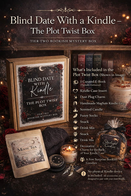 Blind Date With a Kindle Plot Twist Box tier two ACOTAR inspired bookish mystery box showing whats included, with Kindle insert, magsafe grip, candle, fuzzy socks, snack, drink mix, charms and cozy reader accessories
