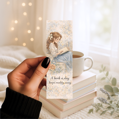 Vintage bookish bookmark featuring a girl reading with floral accents and the quote a book a day keeps reality away