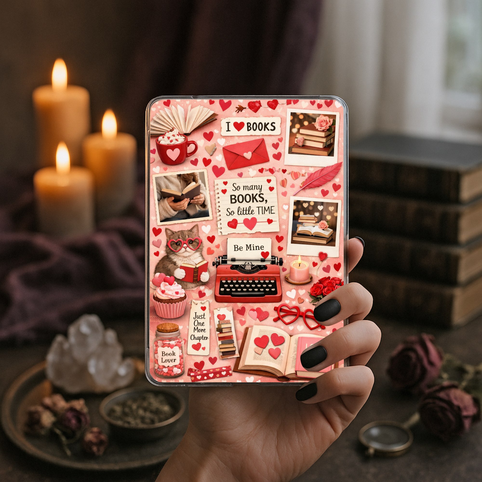 Book lover Valentine Kindle insert cute romance bookish aesthetic for readers