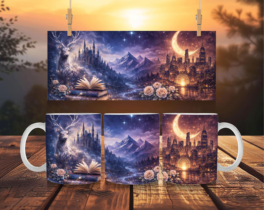 Romantasy inspired fantasy mug with celestial city mountains and magical stag artwork for book lovers