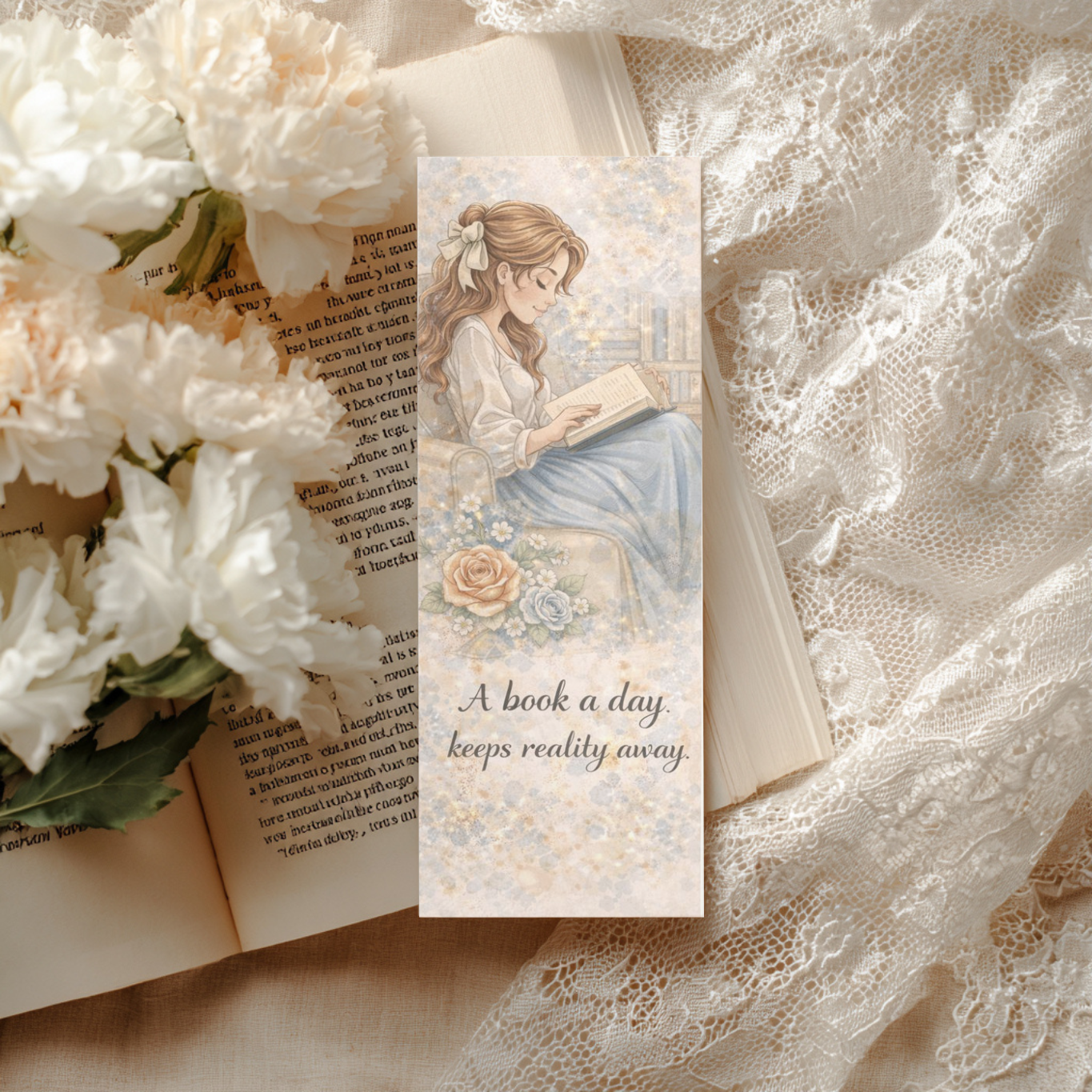 Vintage-style bookish bookmark featuring an illustrated girl reading in a cozy chair with florals and the quote “A book a day keeps reality away” on a lace and book background