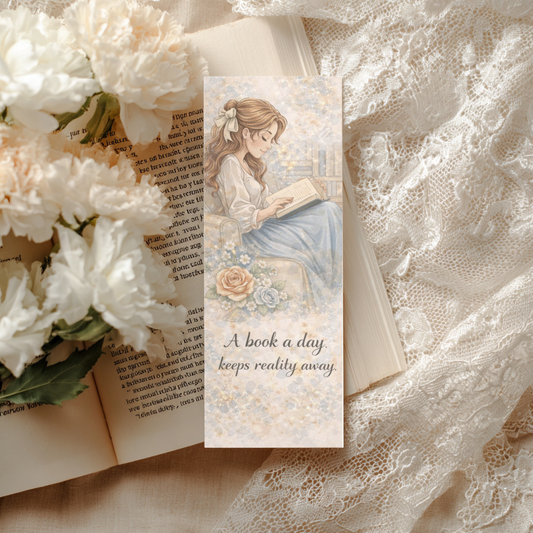 Vintage-style bookish bookmark featuring an illustrated girl reading in a cozy chair with florals and the quote “A book a day keeps reality away” on a lace and book background