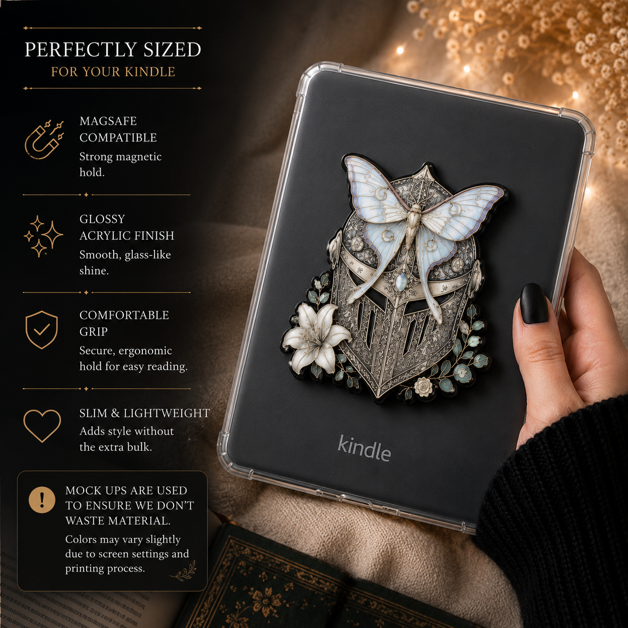 Bookish MagSafe Kindle accessory with original knight and moth artwork for fantasy readers.