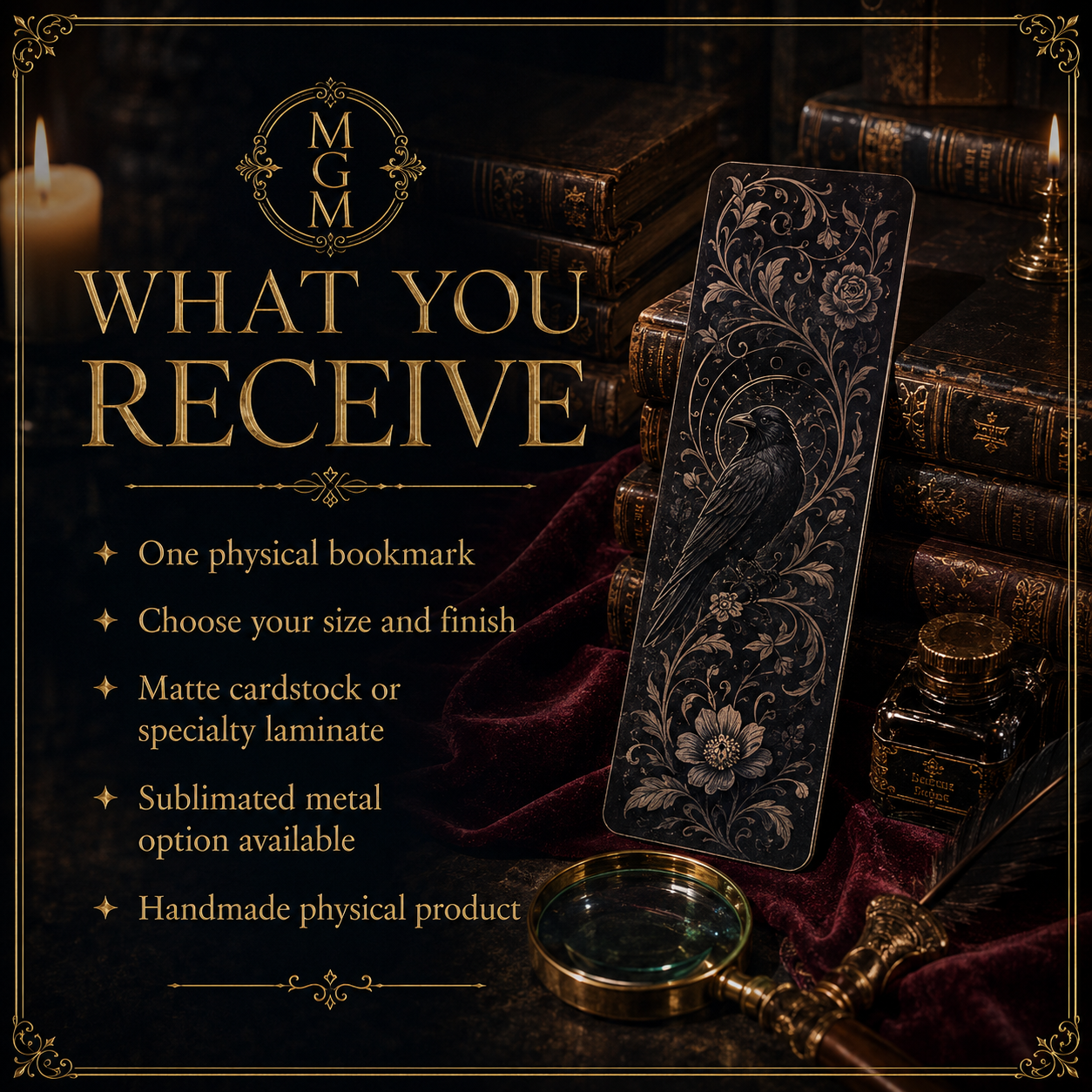A dark decorative bookmark with ornate floral engraving and a bird motif, shown in a vintage-themed promotional layout with books, wax seal, magnifying glass, and text reading 'WHAT YOU RECEIVE' and 'One physical bookmark' plus customization options.