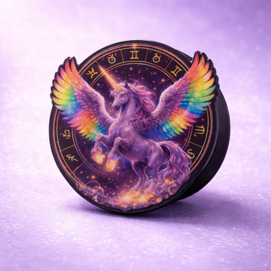 BookTok inspired zodiac unicorn MagSafe phone grip shown on Morally Grey Margins branded packaging