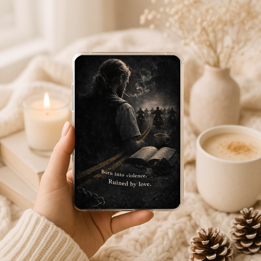 Hand holding a phone with a dark-themed app interface, surrounded by a cozy setting with a candle, cup of coffee, and decorative items.