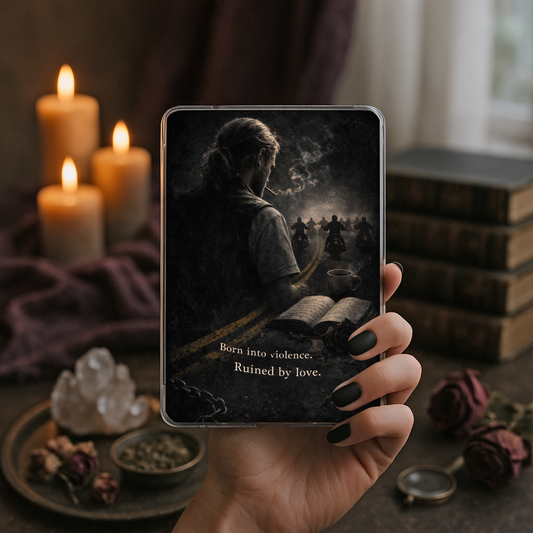 Dark romance Kindle insert featuring outlaw motorcycle imagery and moody bookish aesthetic