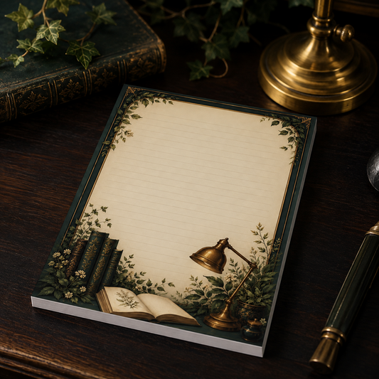 5x7 handmade lined botanical notepad with ivy, antique green books, brass reading lamp and open book in a dark academia style.
