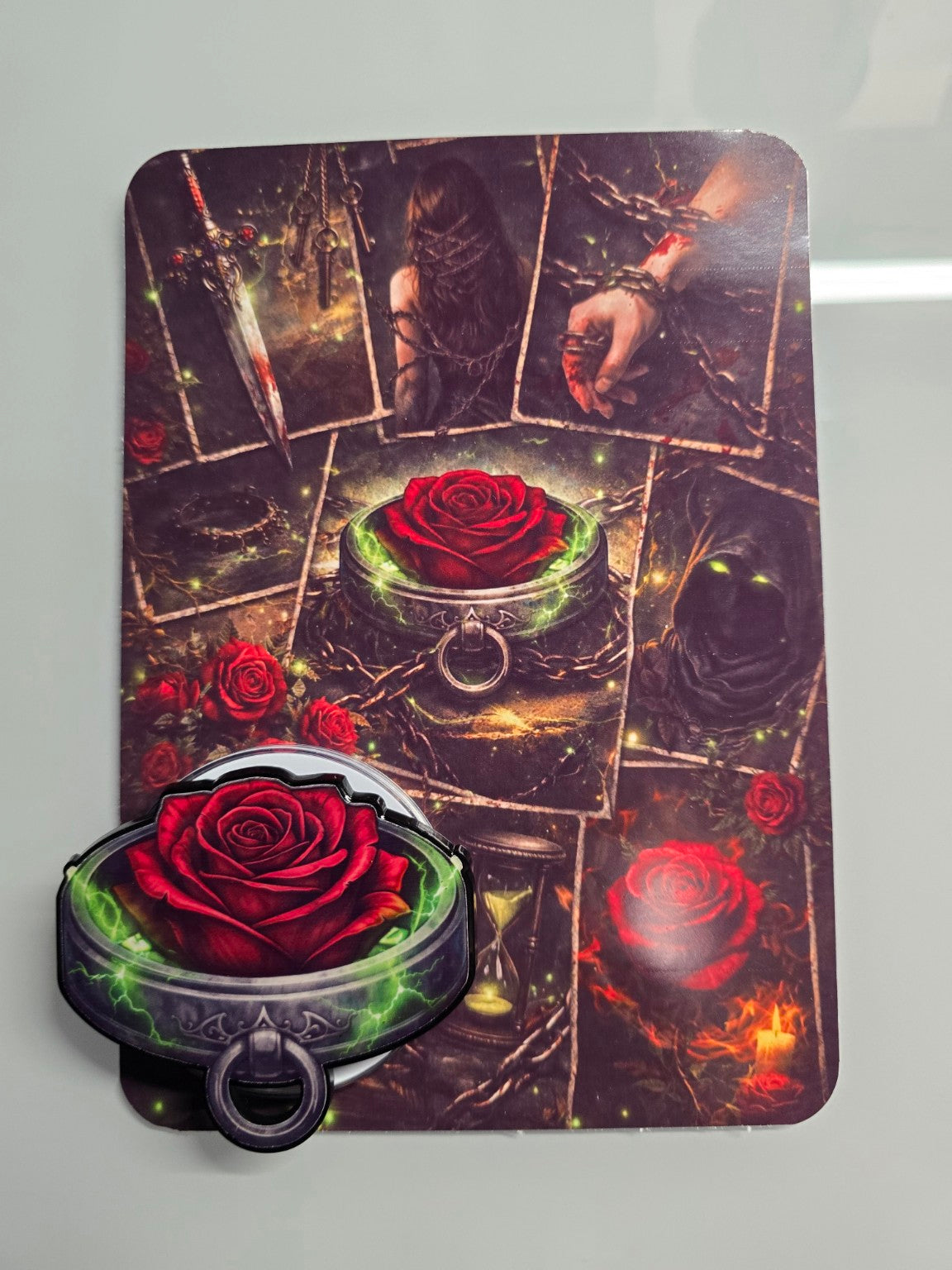 Dark romance Kindle insert and MagSafe grip set featuring chained red rose imagery and gothic aesthetic