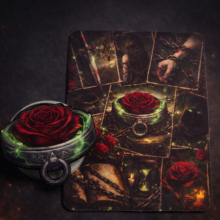 Dark romance Kindle insert with red rose, chains, and symbolic gothic collage artwork