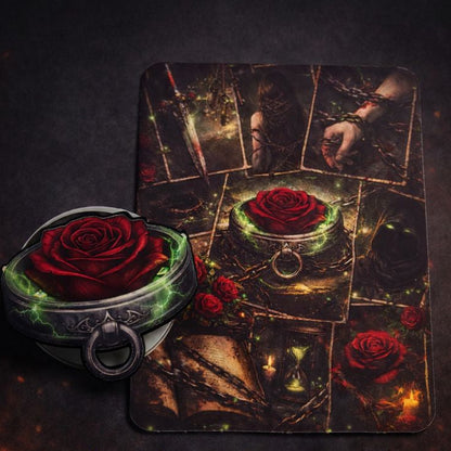 Dark romance Kindle insert with red rose, chains, and symbolic gothic collage artwork