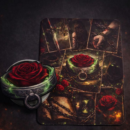 Dark romance Kindle insert with red rose, chains, and symbolic gothic collage artwork
