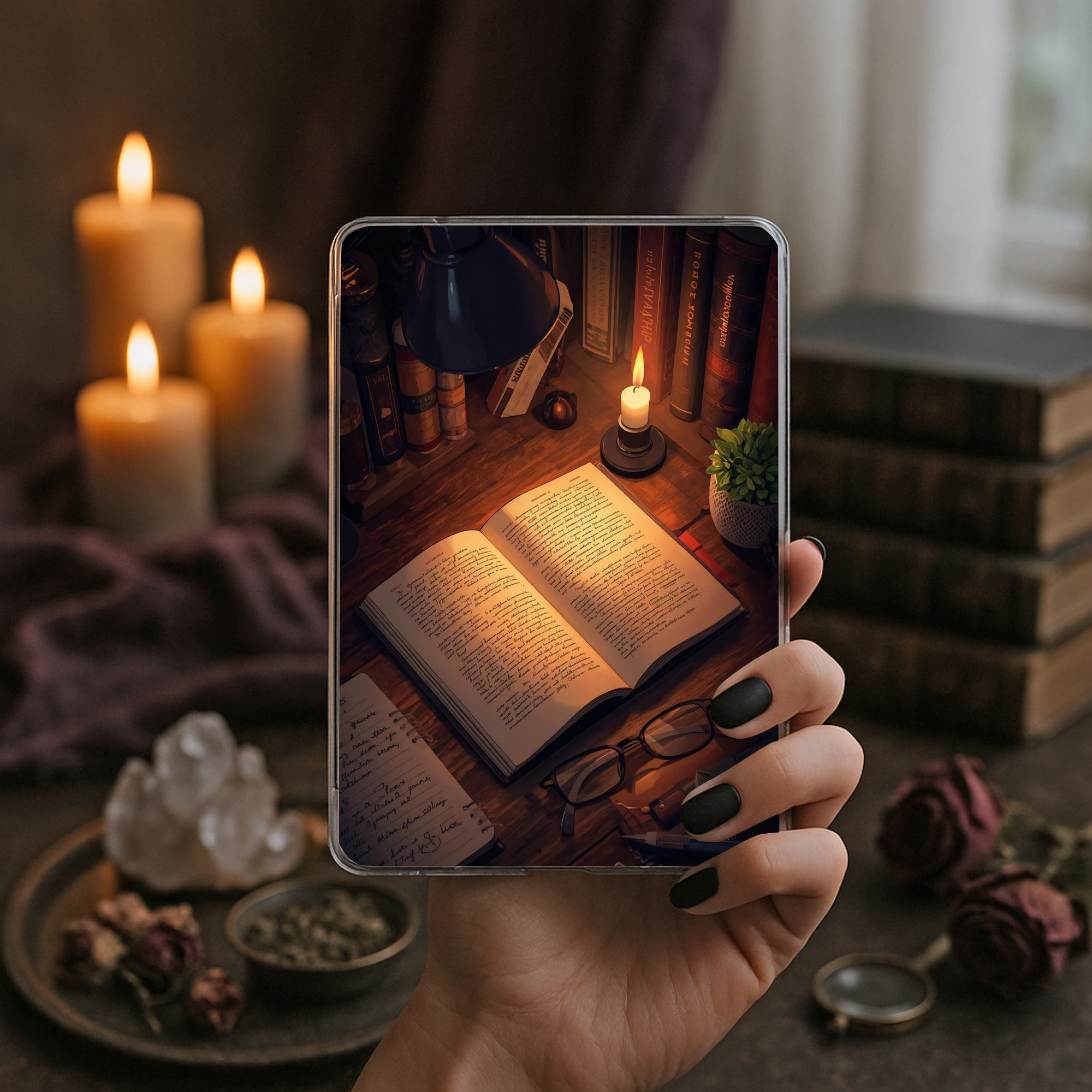 Candlelit reading nook Kindle insert dark academia bookish aesthetic for readers