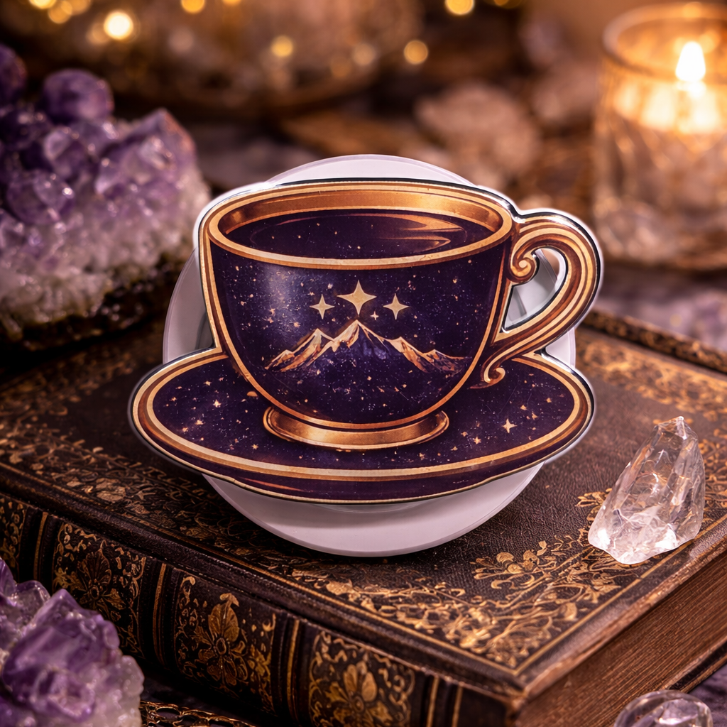 Celestial coffee cup magnetic Kindle grip with starry night and mountain design
