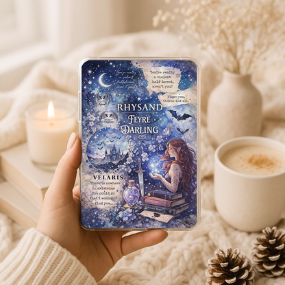 Blue celestial fantasy Kindle insert with night sky, castle, and fae romance aesthetic
