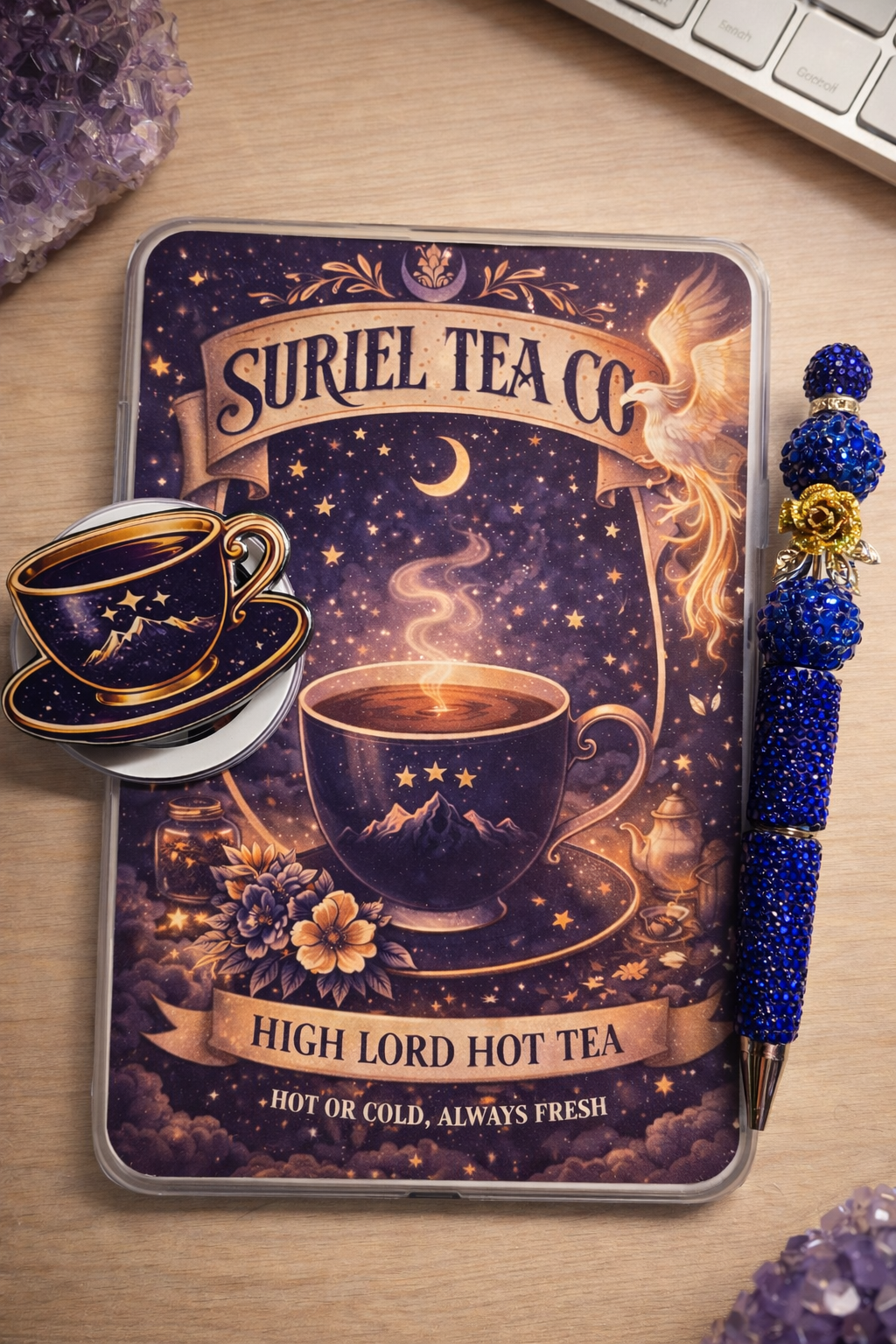 Celestial fantasy tea themed Kindle insert with night sky, golden phoenix and magical aesthetic
