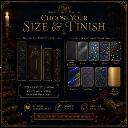 A promotional graphic for Morally Grey Margins tarot cards, showing available sizes and finishes. The design features dark, gothic bookish props in the background, including old leather-bound books, a lit candle, and a dark velvet cloth.