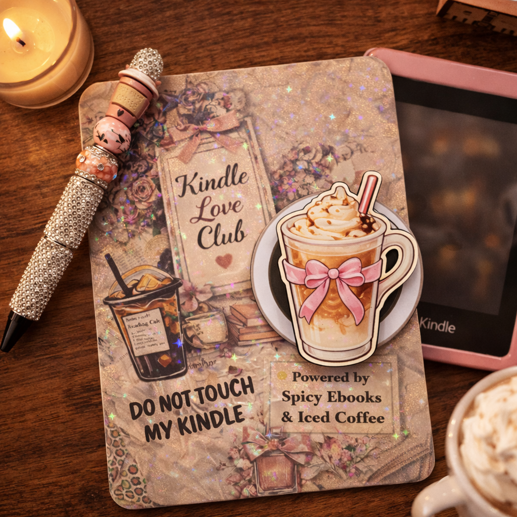 Kindle cover with coffee-themed design and 'Do Not Touch My Kindle' text on a wooden surface.