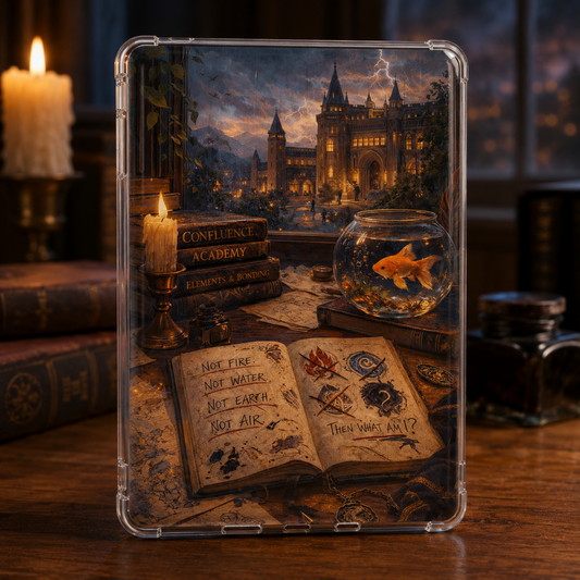 Fantasy academy Kindle insert with a glowing orange fishbowl, storm-lit castle, elemental books and handwritten magic notes.