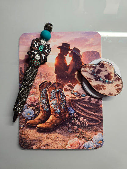 Cowboy romance Kindle insert with matching western hat MagSafe grip and handmade beaded pen