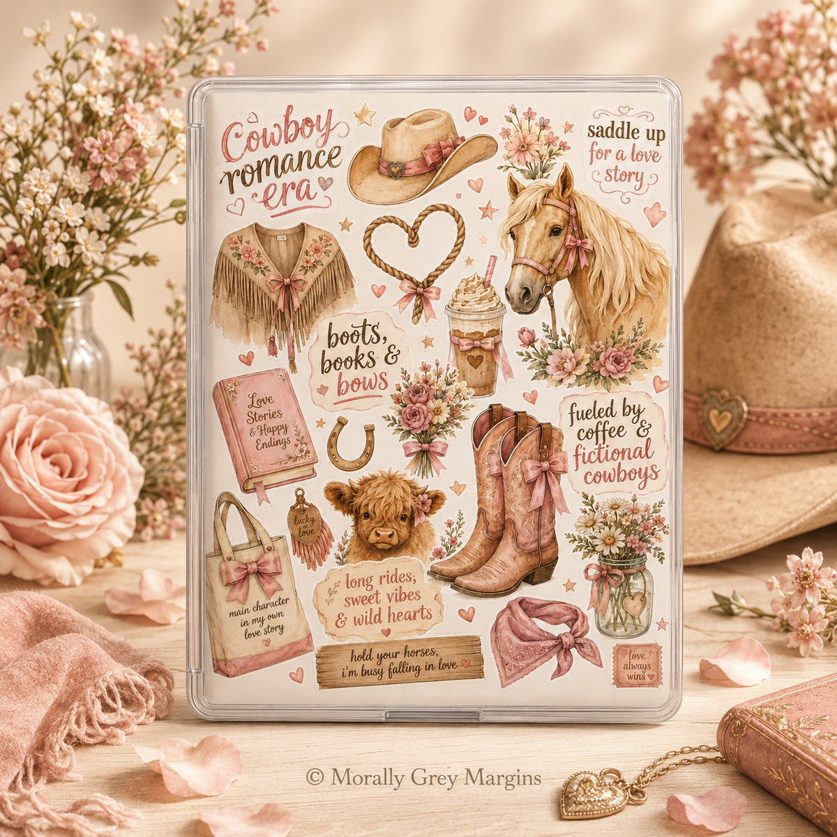 Pink cowboy romance Kindle insert collage with horse, western boots, cowboy hat, flowers, coffee and bookish sayings