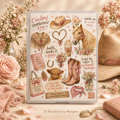 Pink cowboy romance Kindle insert collage with horse, western boots, cowboy hat, flowers, coffee and bookish sayings