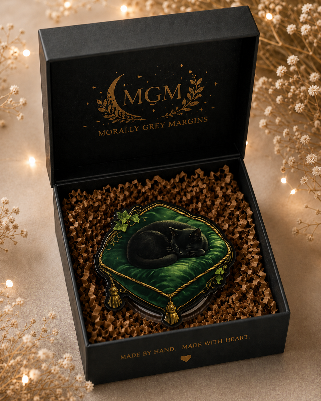 Sleeping black cat MagSafe Kindle grip on emerald green velvet pillow with gold trim