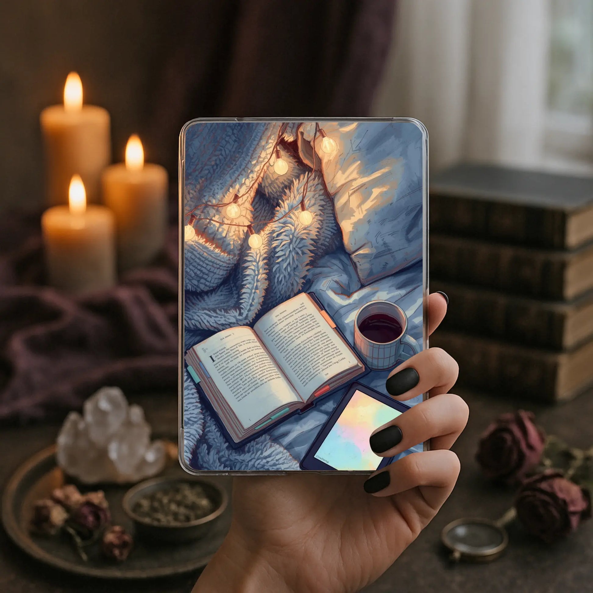 Cozy blanket reading Kindle insert soft winter bookish aesthetic for readers