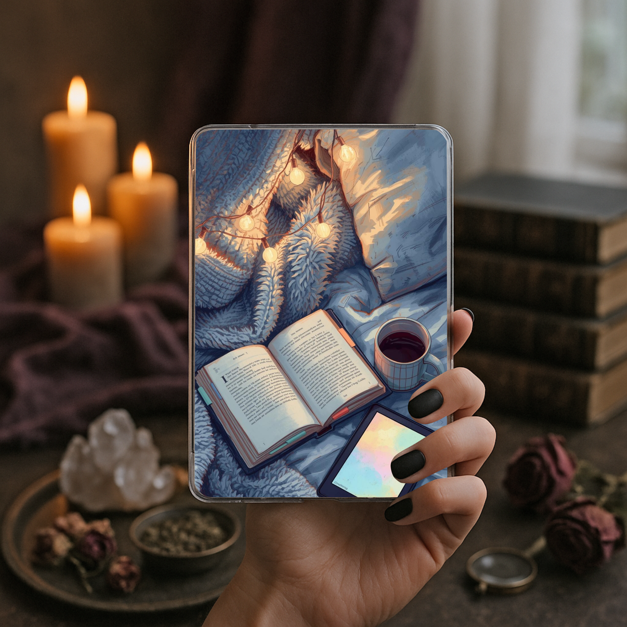 Cozy blanket reading Kindle insert soft winter bookish aesthetic for readers