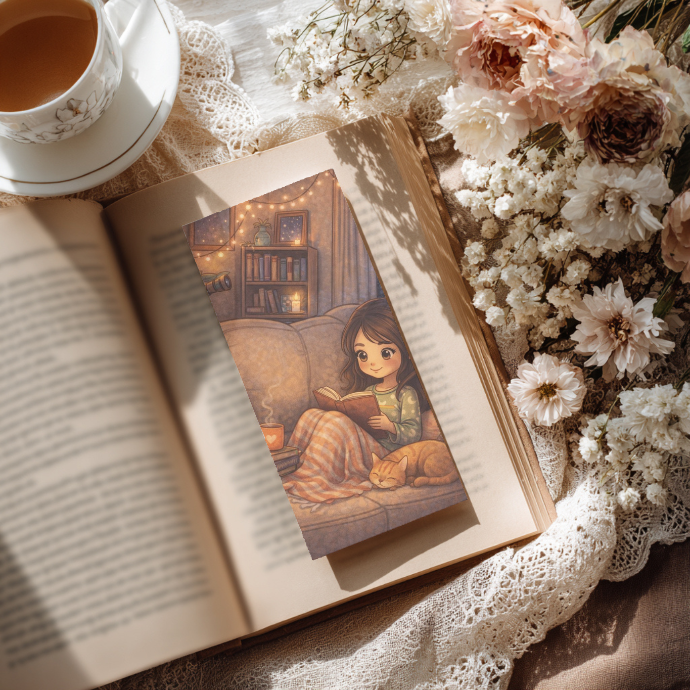 Cozy bookish bookmark featuring a girl reading on a couch with a sleeping cat and warm lighting