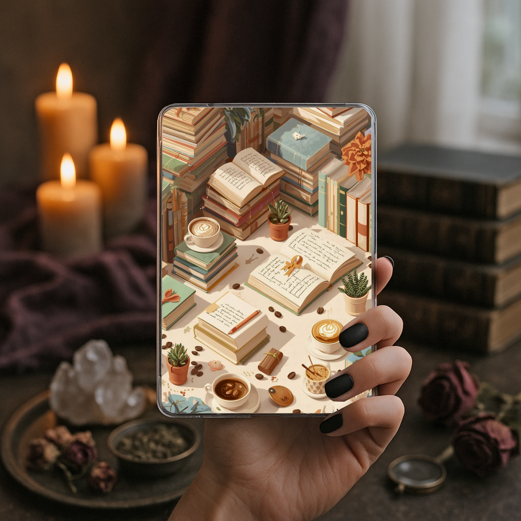 Cozy bookshop coffee Kindle insert warm bookish aesthetic for readers