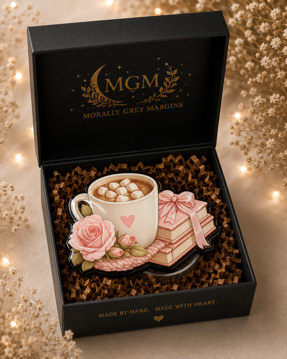 Hot cocoa and pink books MagSafe Kindle grip with marshmallows pink bow and rose