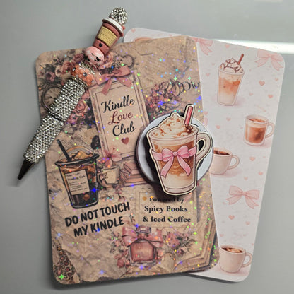 Cozy coffee themed Kindle accessory set with matching insert, latte MagSafe grip, and rhinestone beaded pen
