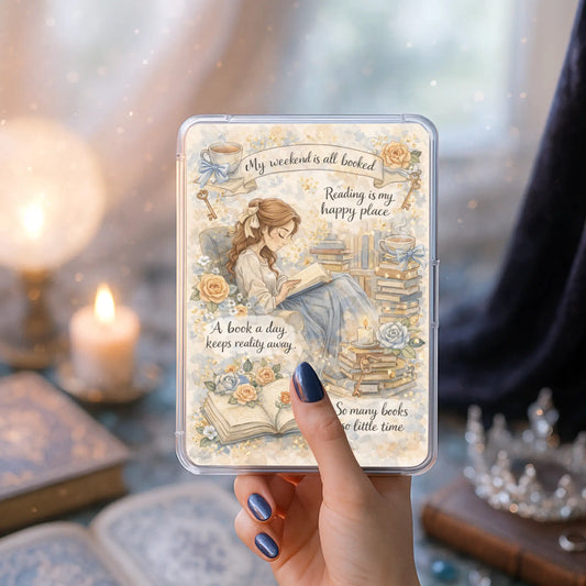 Cozy fairytale bookish Kindle clear case insert with vintage reading aesthetic

