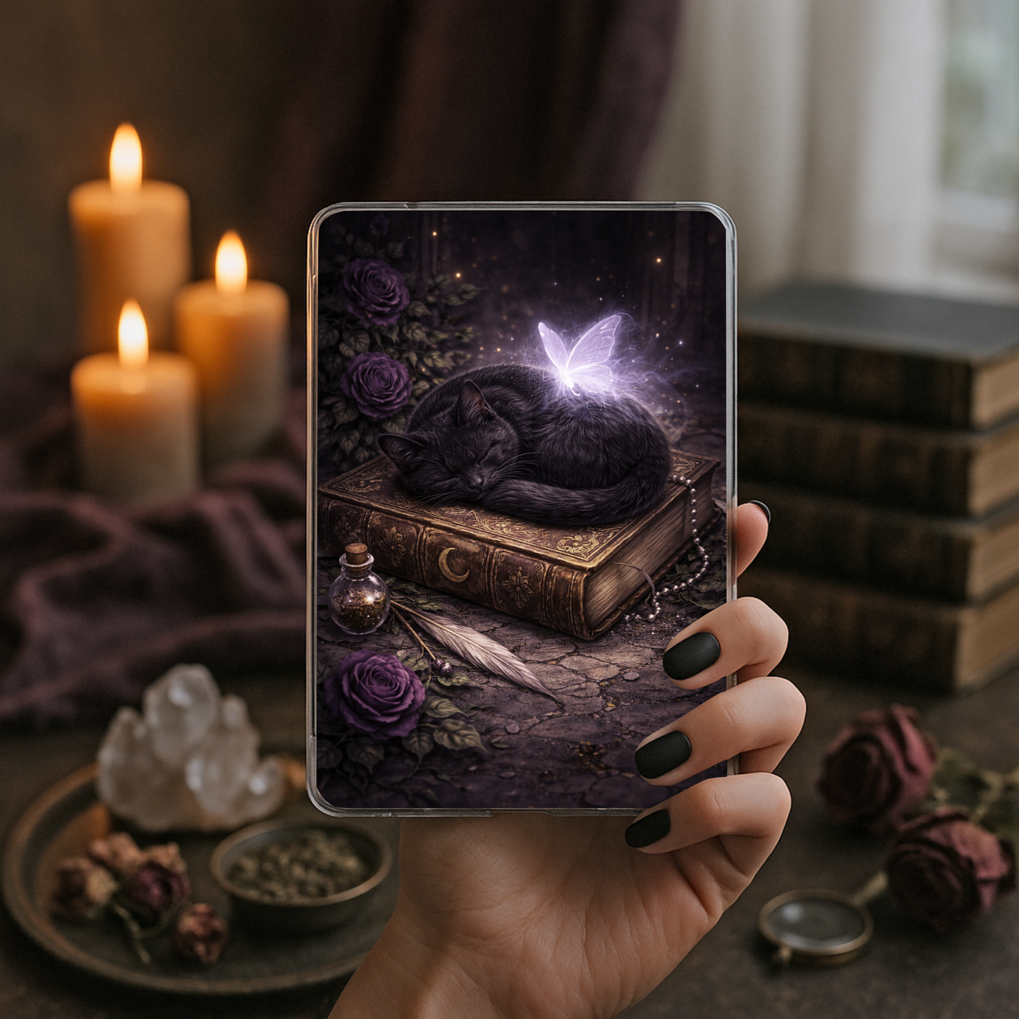 Cozy fantasy black cat Kindle insert designed for clear Kindle cases
