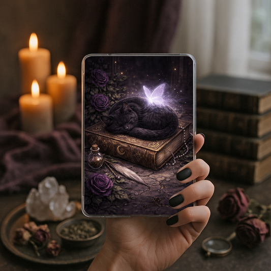 Cozy fantasy black cat Kindle insert designed for clear Kindle cases
