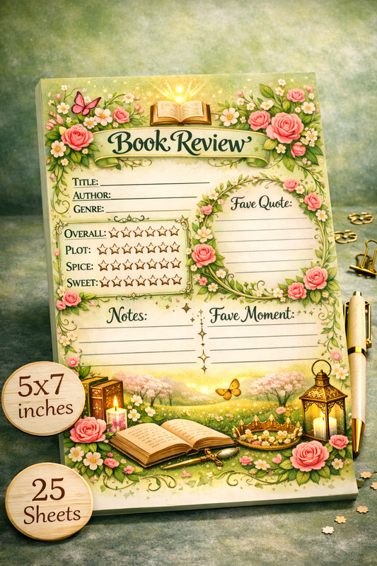 Cozy fantasy themed 5x7 book review notepad with floral design, rating stars, favorite quote section, 25 sheets, handmade reader stationery