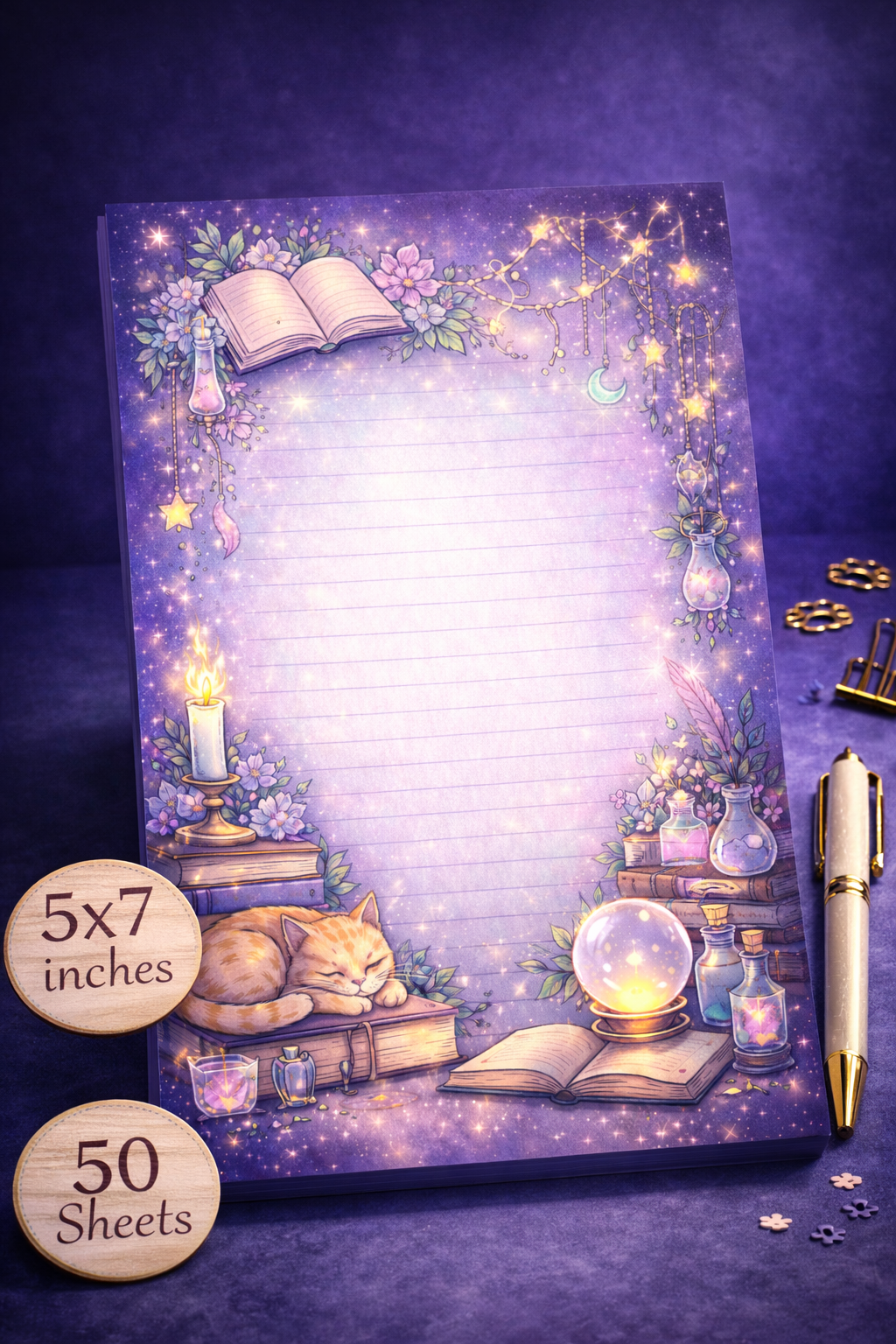 Cozy fantasy themed 5x7 lined notepad with sleeping cat, candles, books, potions, and celestial magical aesthetic, 50 sheets, handmade