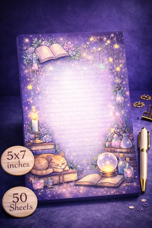 Cozy fantasy themed 5x7 lined notepad with sleeping cat, candles, books, potions, and celestial magical aesthetic, 50 sheets, handmade