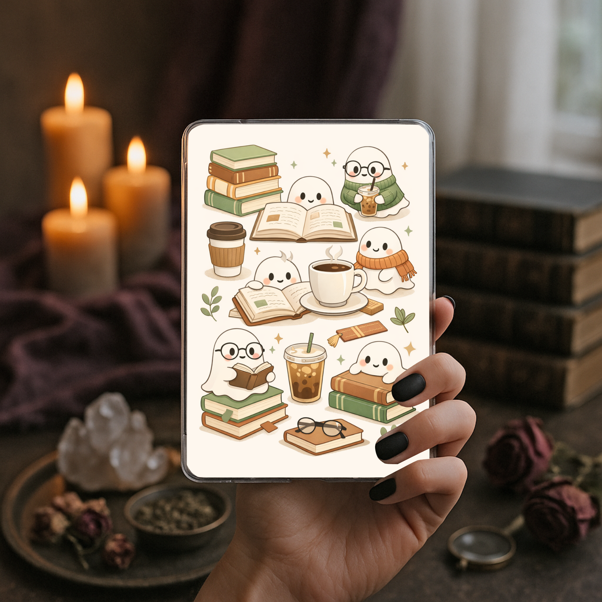 Cozy ghost reading Kindle insert cute bookish aesthetic for readers